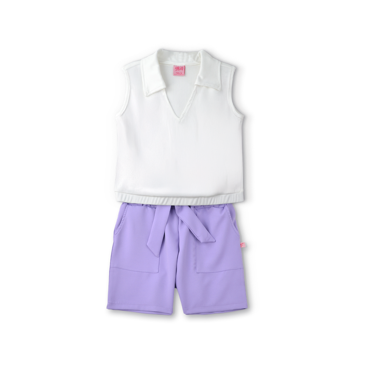 Conjunto de blusa con botones y short con bolsas y moño niña Flory COJU0004
