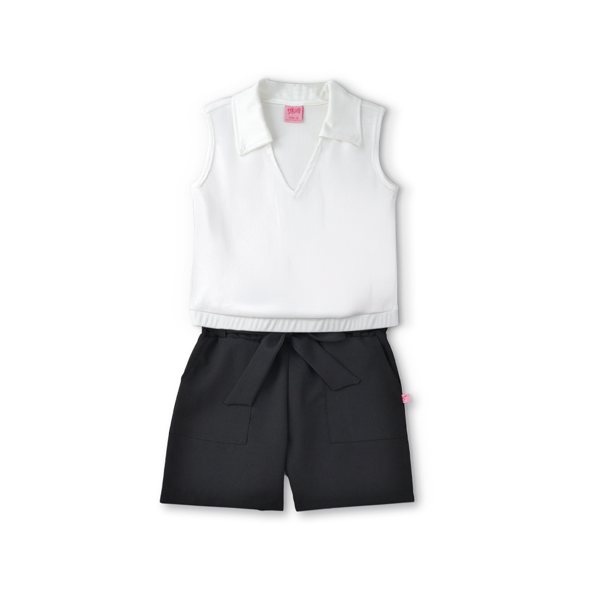 Conjunto de blusa con botones y short con bolsas y moño niña Flory COJU0004