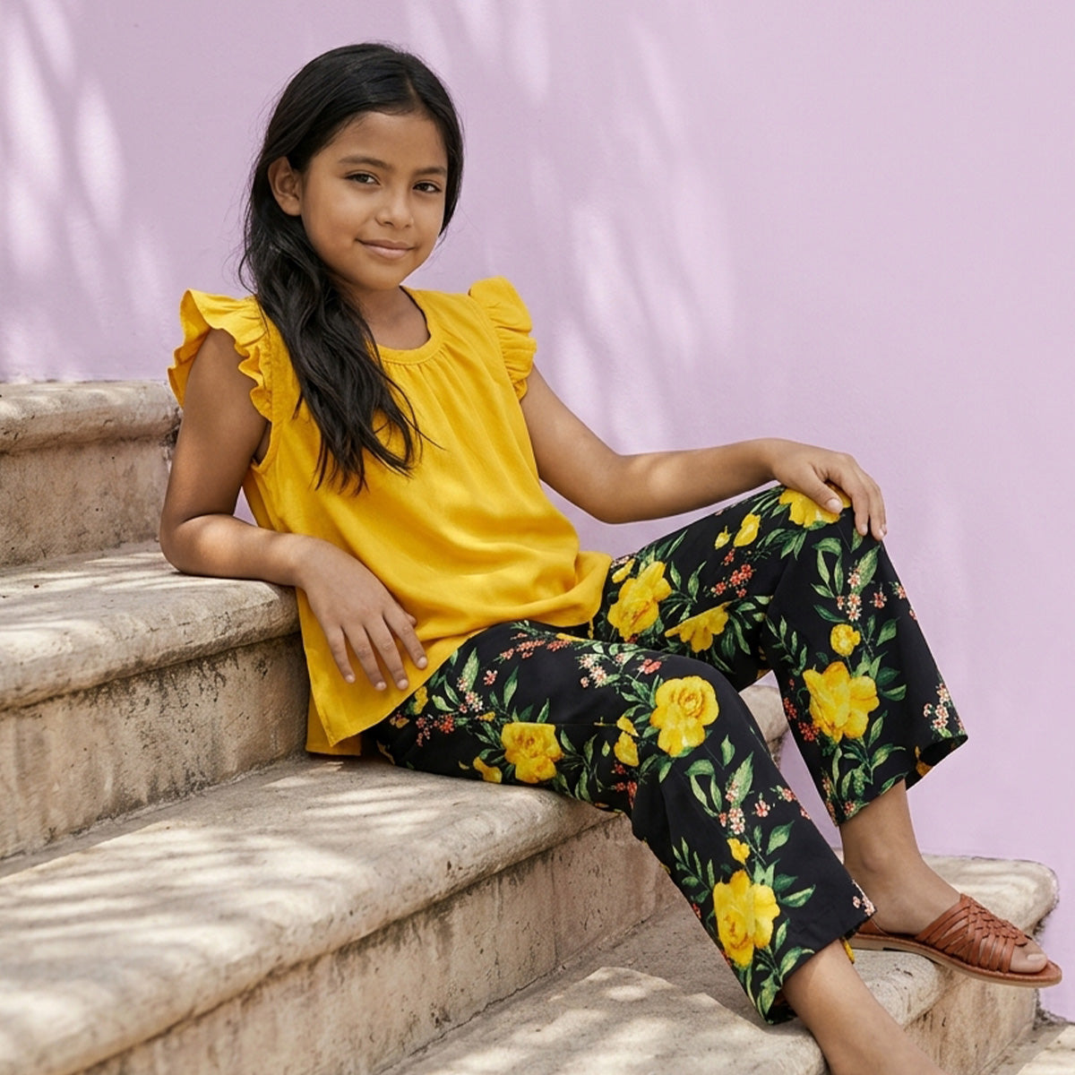 Conjunto de blusa de olanes y pantalón floreado • 4 a 12 años • Ariana 12 B