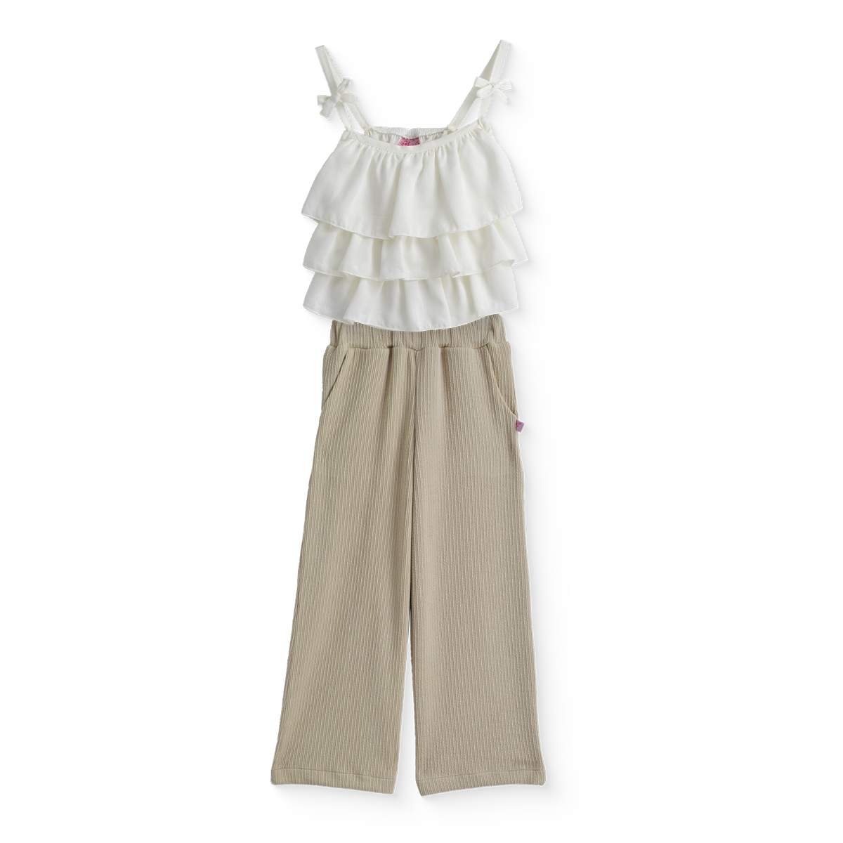 Conjunto con pantalón a rayas, blusa hueso con olanes | CONI0043 | tallas ch-m-gr