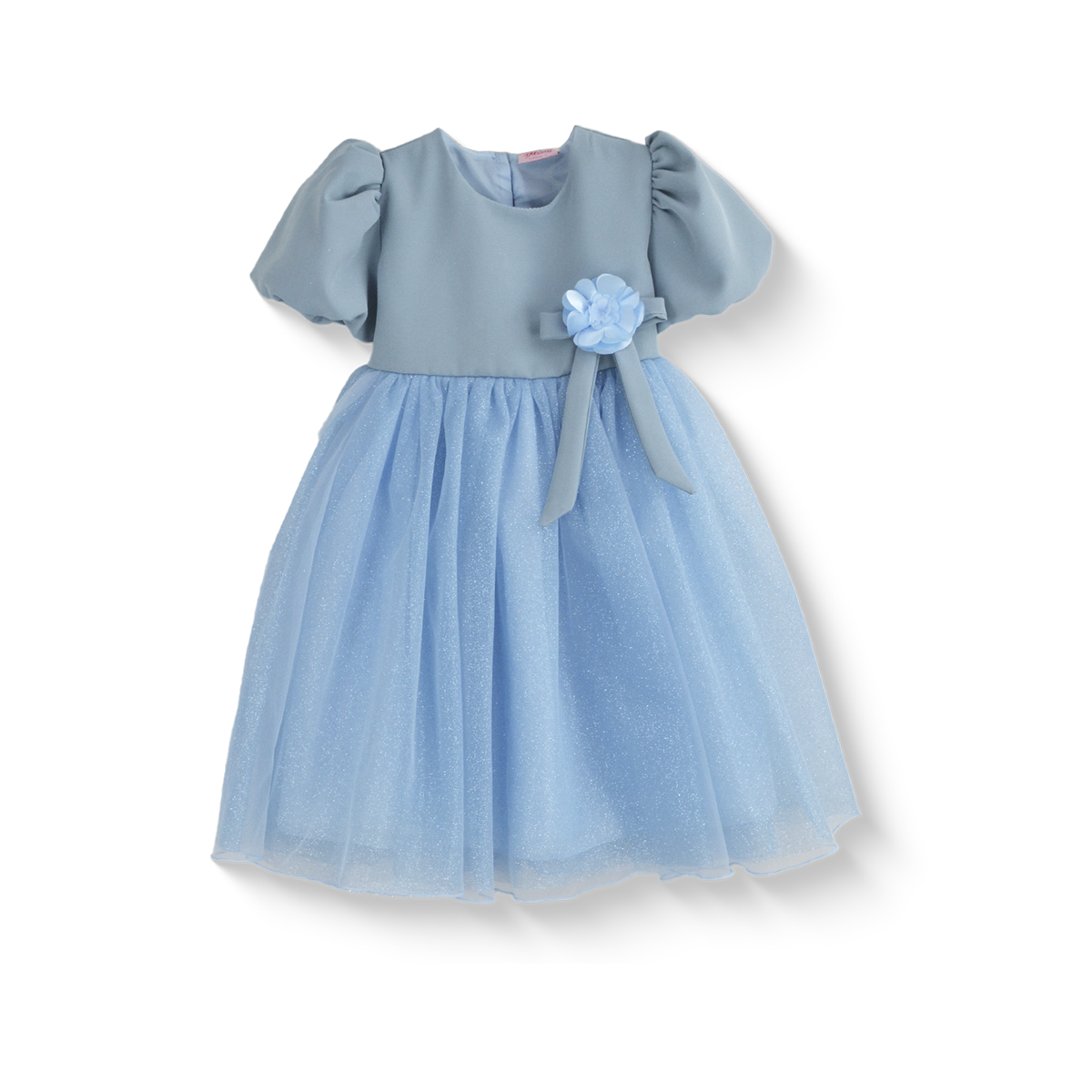 Vestido manga abullonada con flor de satín | VEBB0119 | tallas 1-2-3