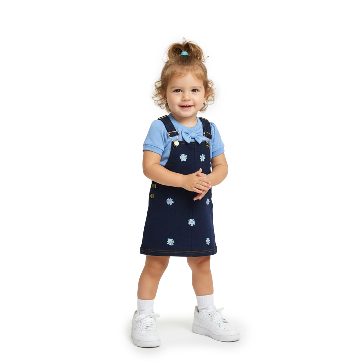 Jumper de mezclilla con bordado y blusa con moño niña bebé Flory JUBB0002