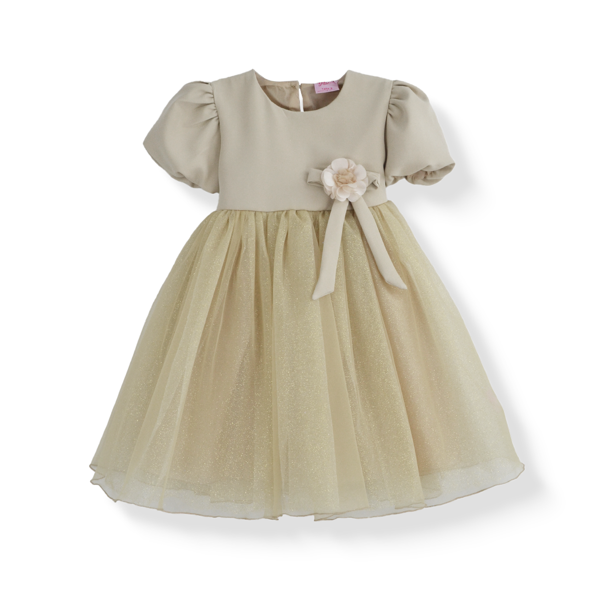 Vestido manga abullonada con flor de satín | VEBB0119 | tallas 1-2-3