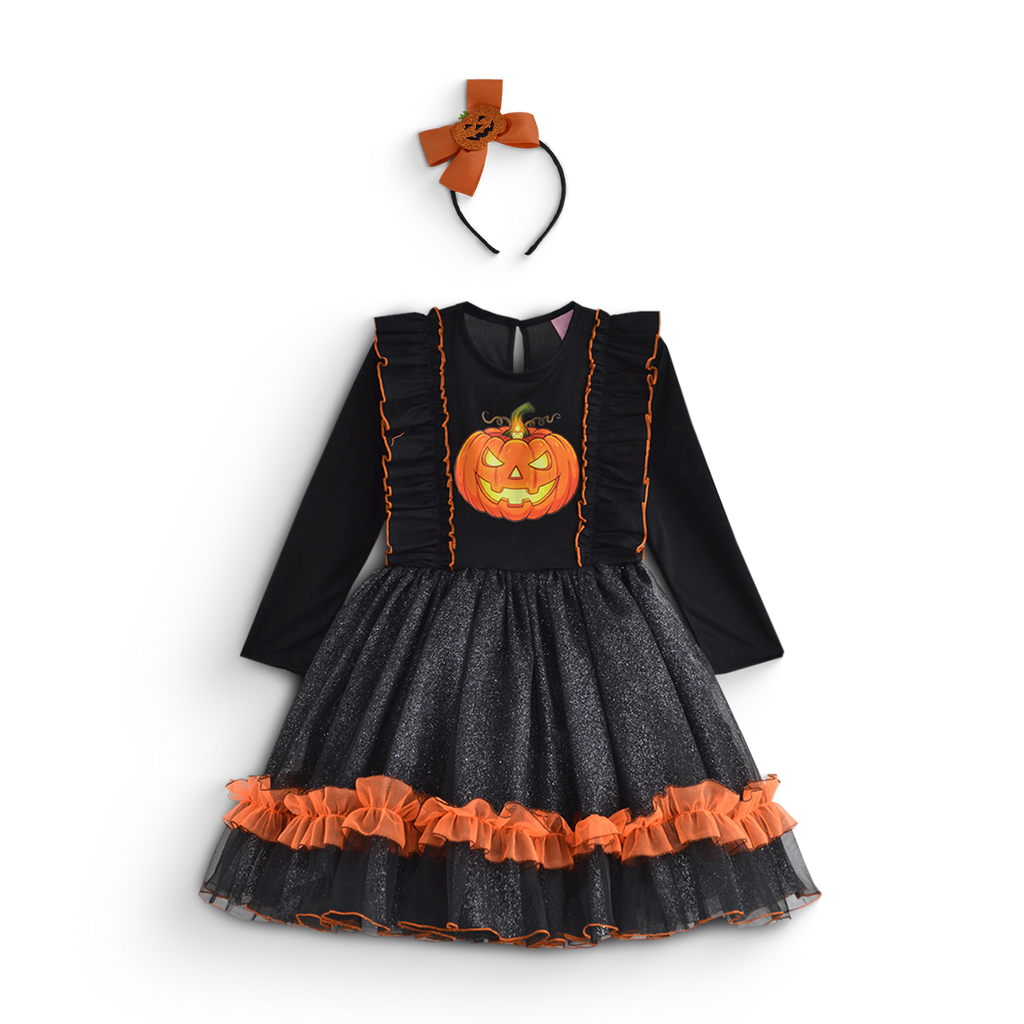 Vestido infantil negro de manga larga con estampado de calabaza y falda de tul con olán naranja, junto a una diadema con moño naranja.