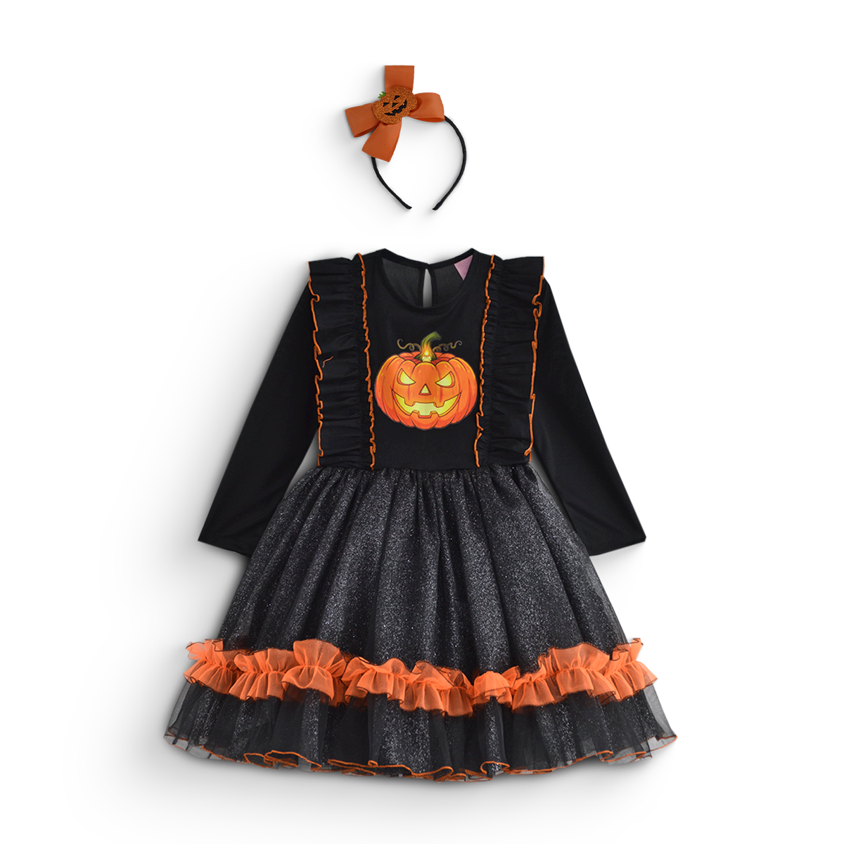 Vestido infantil negro de manga larga con estampado de calabaza y falda de tul con olán naranja, junto a una diadema con moño naranja.