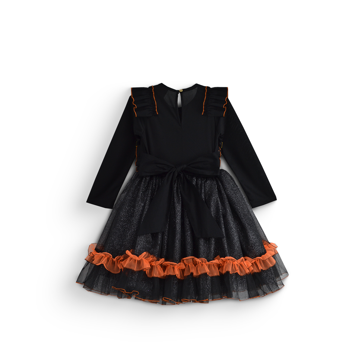 Vista trasera de vestido infantil negro de manga larga, con falda de tul brillante y olán naranja cerca del bajo.