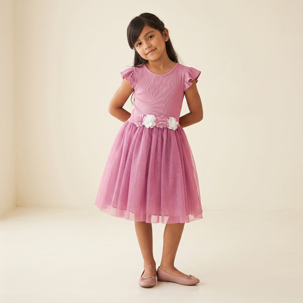 Vestido rib con tul y flores • 4 a 11 años •  Natali 16