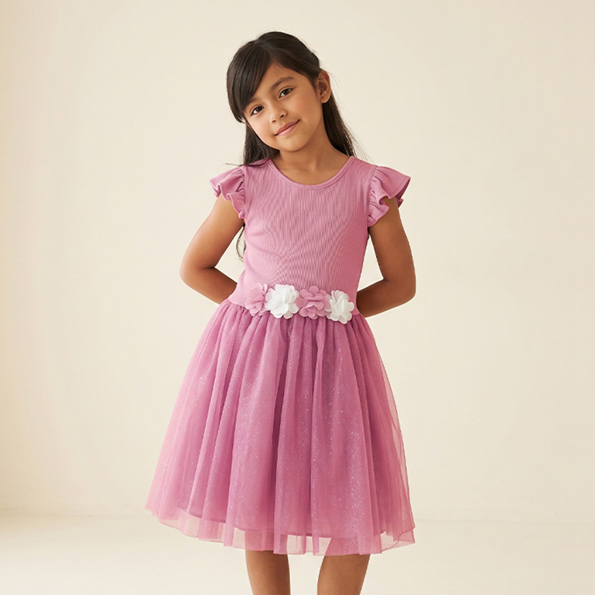 Vestido rib con tul y flores • 4 a 11 años •  Natali 16