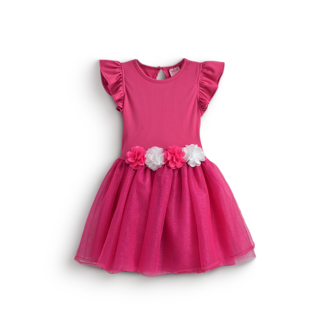 Vestido rib con tul y flores • NATALI 16 • tallas ch-m-gr •  VENI0159