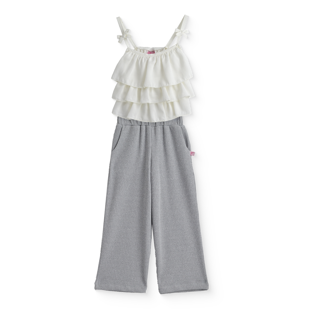 Conjunto con pantalón a rayas, blusa hueso con olanes | CONI0043 | tallas ch-m-gr