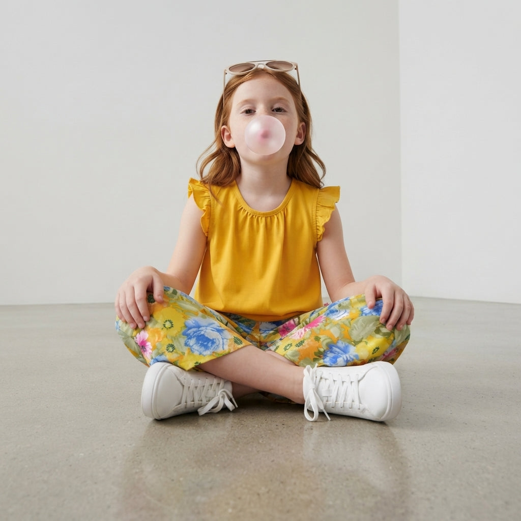 Conjunto de blusa de olanes y pantalón floreado • 4 a 12 años • Ariana 12 E