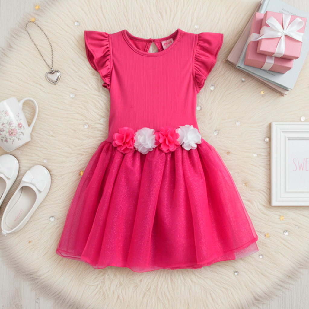 Vestido rib con tul y flores • NATALI 16 • tallas ch-m-gr •  VENI0159
