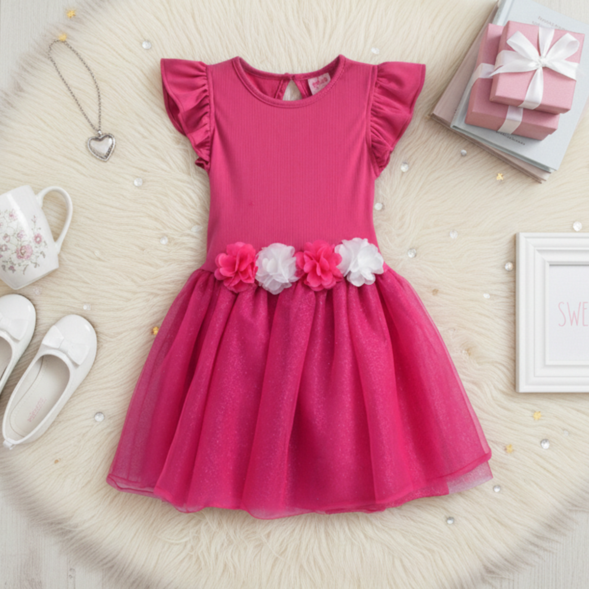 Vestido rib con tul y flores • NATALI 16 • tallas ch-m-gr •  VENI0159