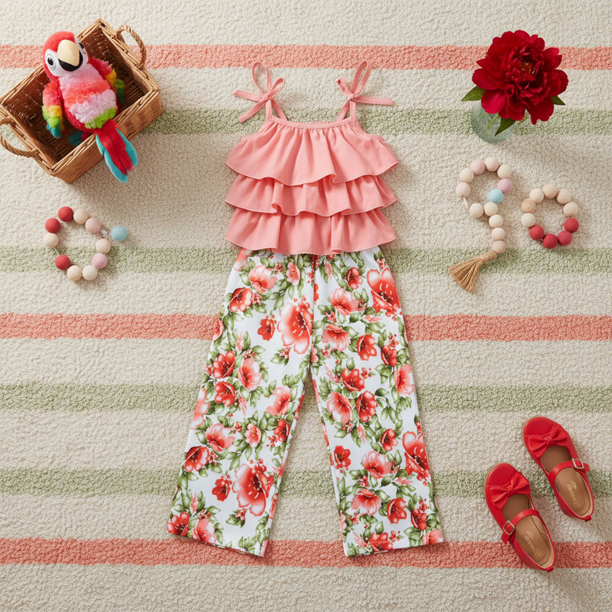 Conjunto con pantalón flores, blusa con olanes | CONI0042 | tallas ch-m-gr