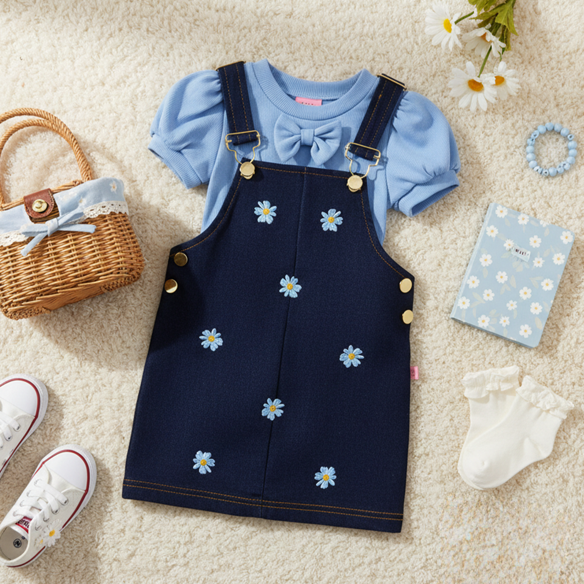 Jumper de mezclilla con bordado y blusa con moño | JUBB0002 | tallas 1-2-3