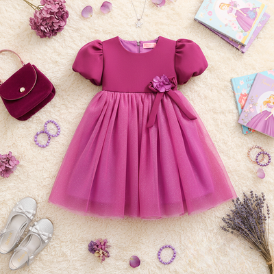 Vestido manga abullonada con flor de satín • BARBIE 9 • tallas 1-2-3 •  VEBB0119