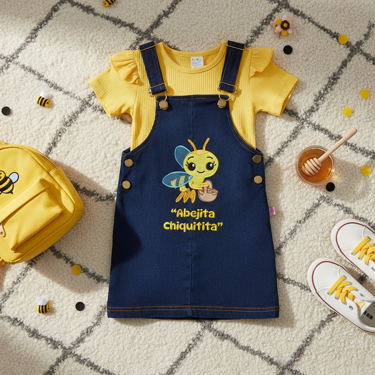 Jumper de mezclilla con playera y bordado de Abejita | JUBB0002P03 | tallas 1-2-3