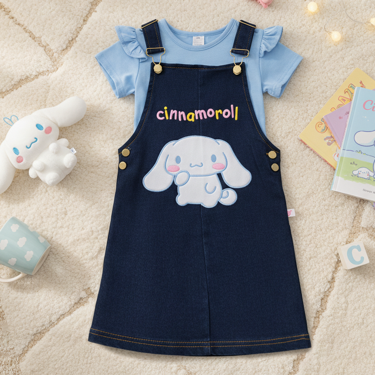 Jumper de mezclilla con playera y bordado de Rollo de Canela | JUNI0002P01 | tallas ch-m-gr