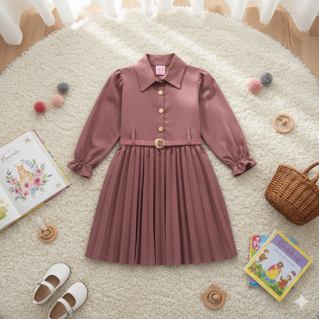 Vestido tableado con cinturón niña FLORY VENI0117 [tallas ch-m-g-xg]