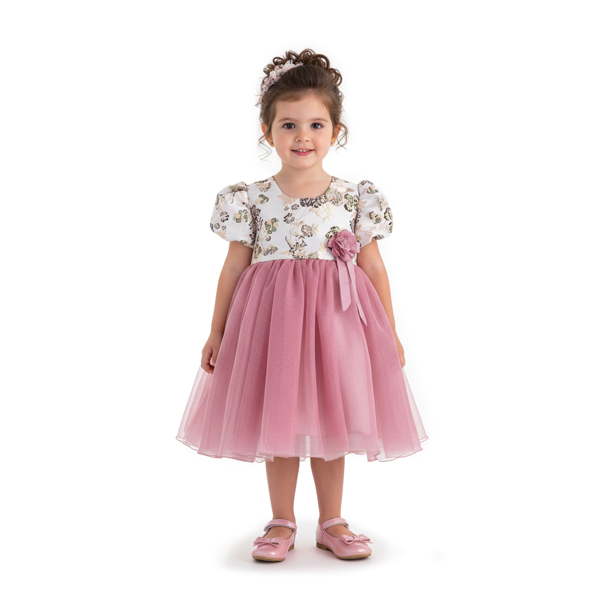 Vestido manga abullonada con Flor | VEBB0139 | tallas 1-2-3