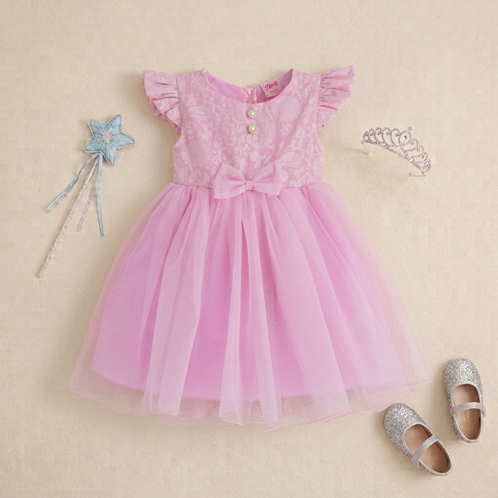 Vestido de satin floreado con moños  •  1 a 3 años  • Paola 2