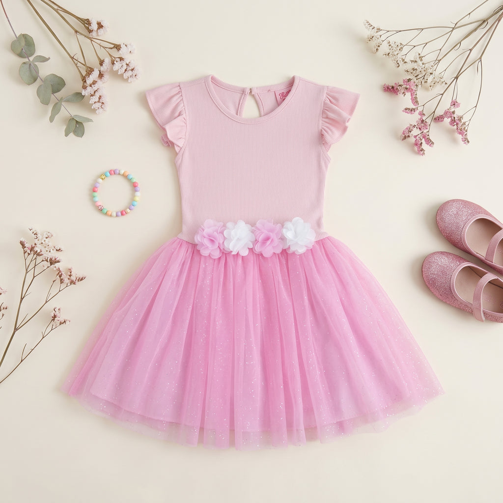 Vestido rib con tul y flores • 4 a 11 años •  Natali 16