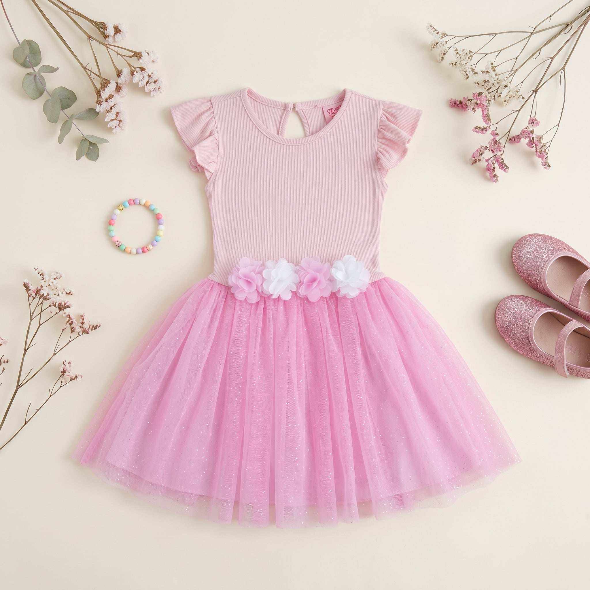 Vestido rib con tul y flores • 4 a 11 años •  Natali 16