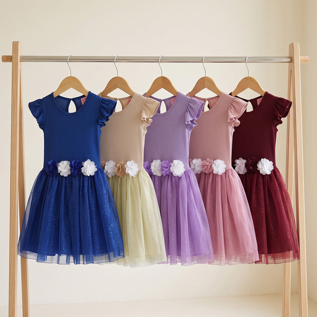 Vestido rib con tul y flores • 4 a 11 años •  Natali 16