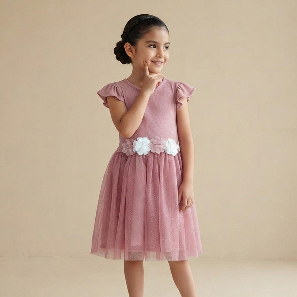 Vestido rib con tul y flores • 4 a 11 años •  Natali 16