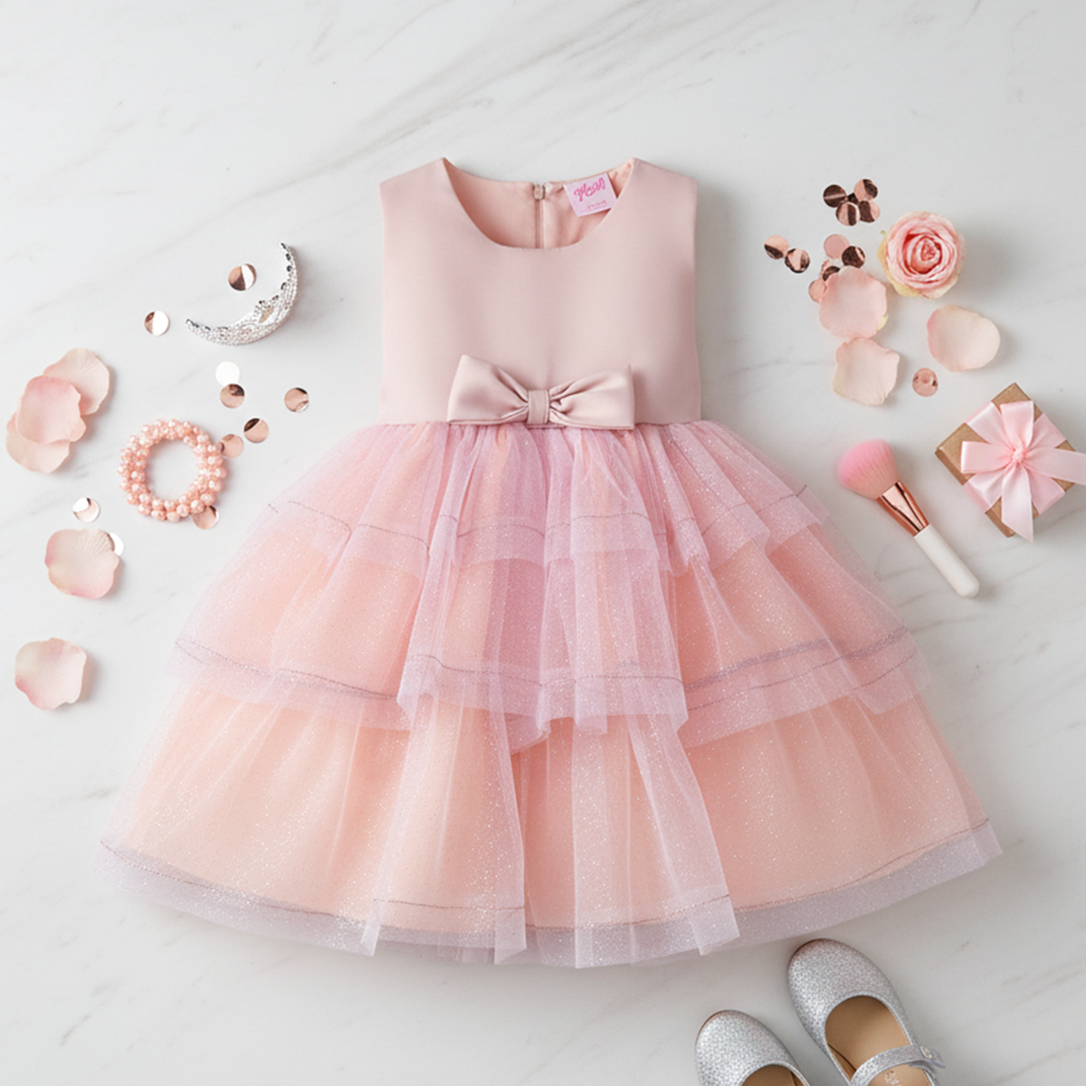 Vestido con falda de tul y moño frontal | VEBB0135 | tallas 1-2-3