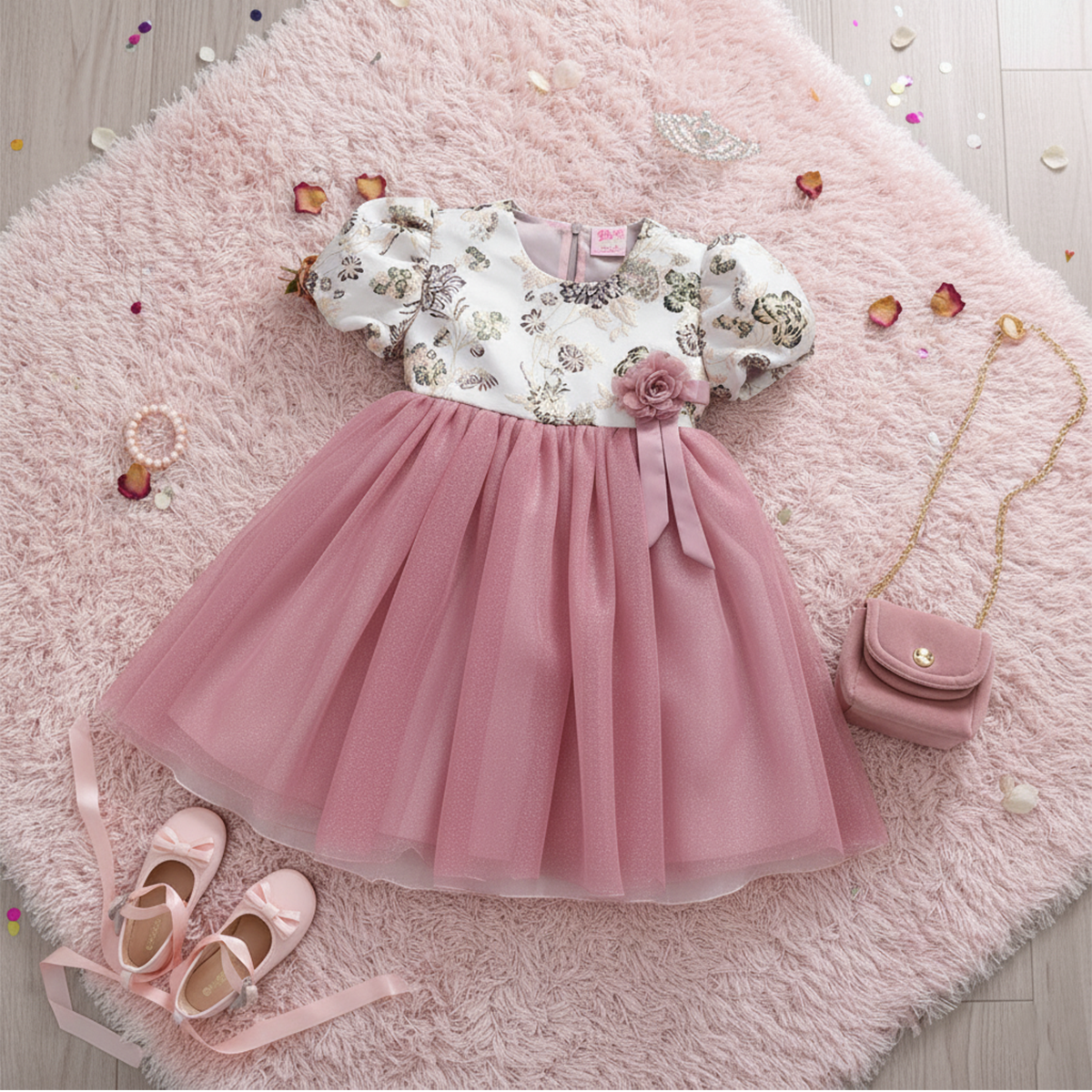 Vestido manga abullonada con Flor | VEBB0139 | tallas 1-2-3