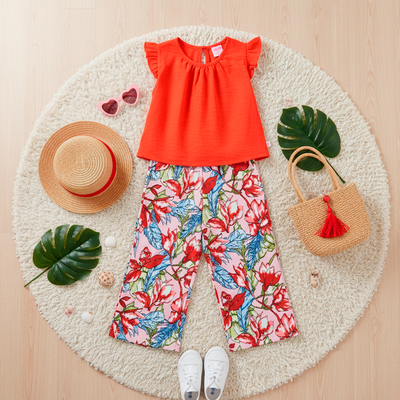 Conjunto de blusa de olanes y pantalón floreado • ARIANA 12 •  tallas ch-m-gr • CONI0044A