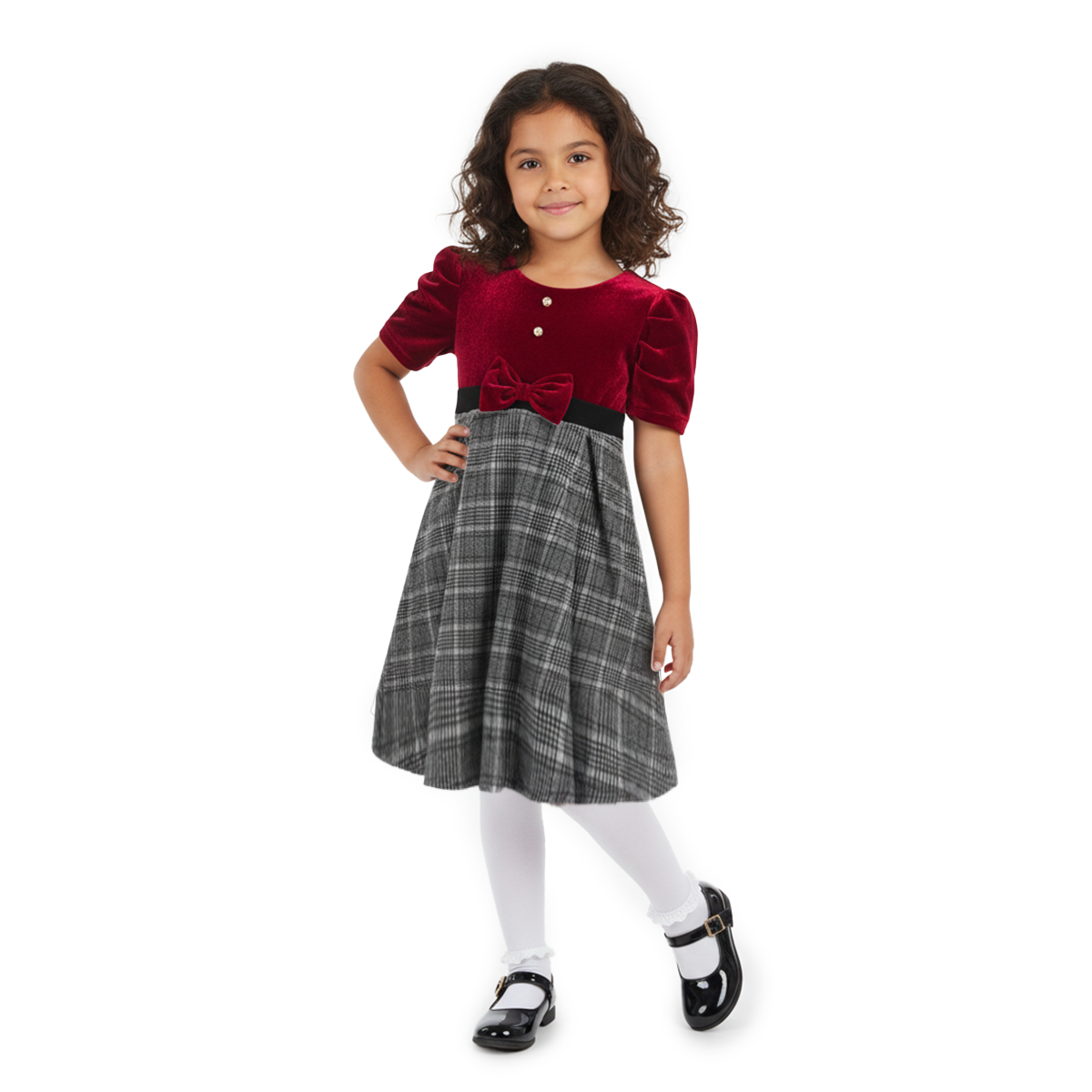 Vestido navideño de terciopelo en combinación a cuadros para niña Flory VENI0175