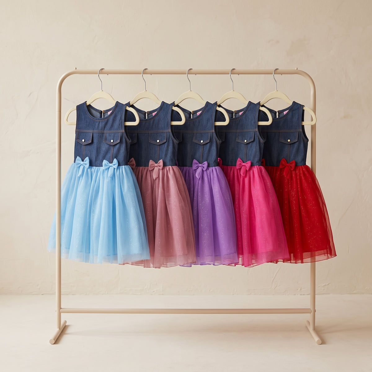 Cinco vestidos infantiles sin mangas con corpiño azul oscuro y falda de tul en azul claro, rosa palo, lila, fucsia y rojo, colgados en un perchero.