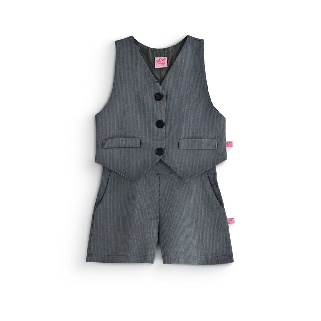 Conjunto de chaleco con botones y short a rayas • 4 a 12 años • Adriana 1