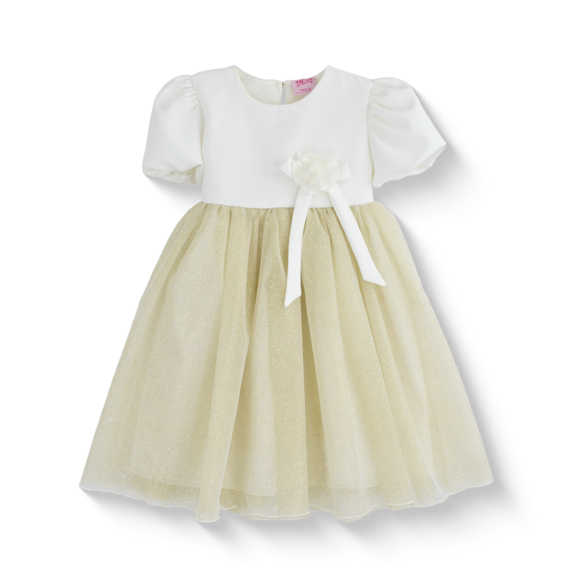 Vestido manga abullonada con flor de satín | VEBB0119 | tallas 1-2-3