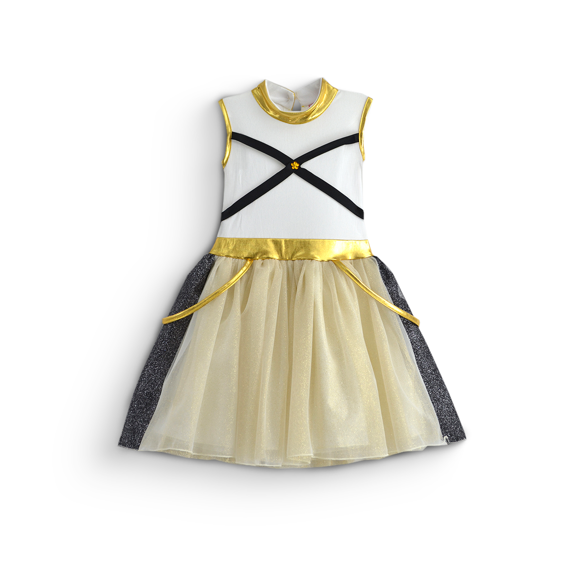 Vista trasera de vestido infantil sin mangas, con tirantes negros cruzados, detalles dorados y falda de tul color marfil.