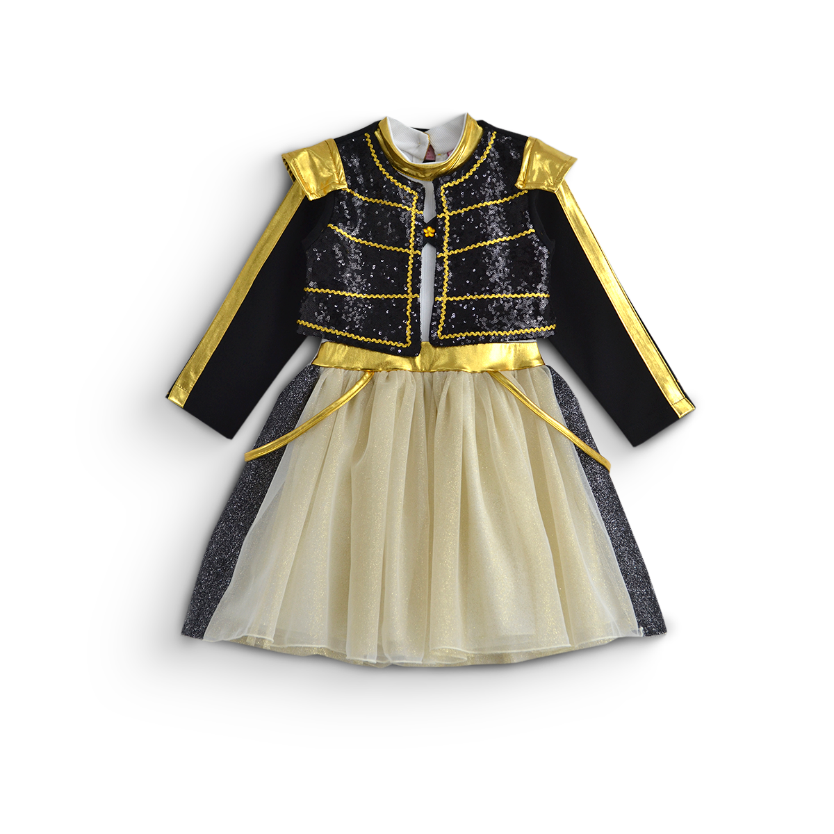 Conjunto infantil con chaqueta negra de manga larga, lentejuelas y ribetes dorados, sobre vestido con falda de tul color marfil.