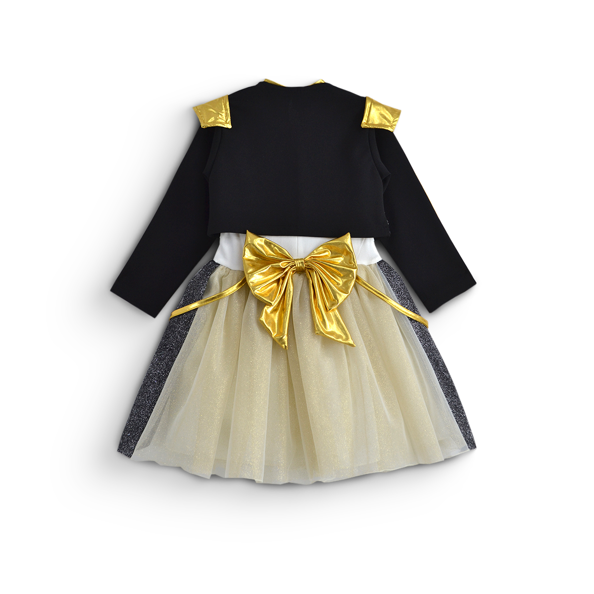 Vista trasera de conjunto infantil con saco negro de manga larga con detalles dorados, falda de tul color marfil y moño dorado.