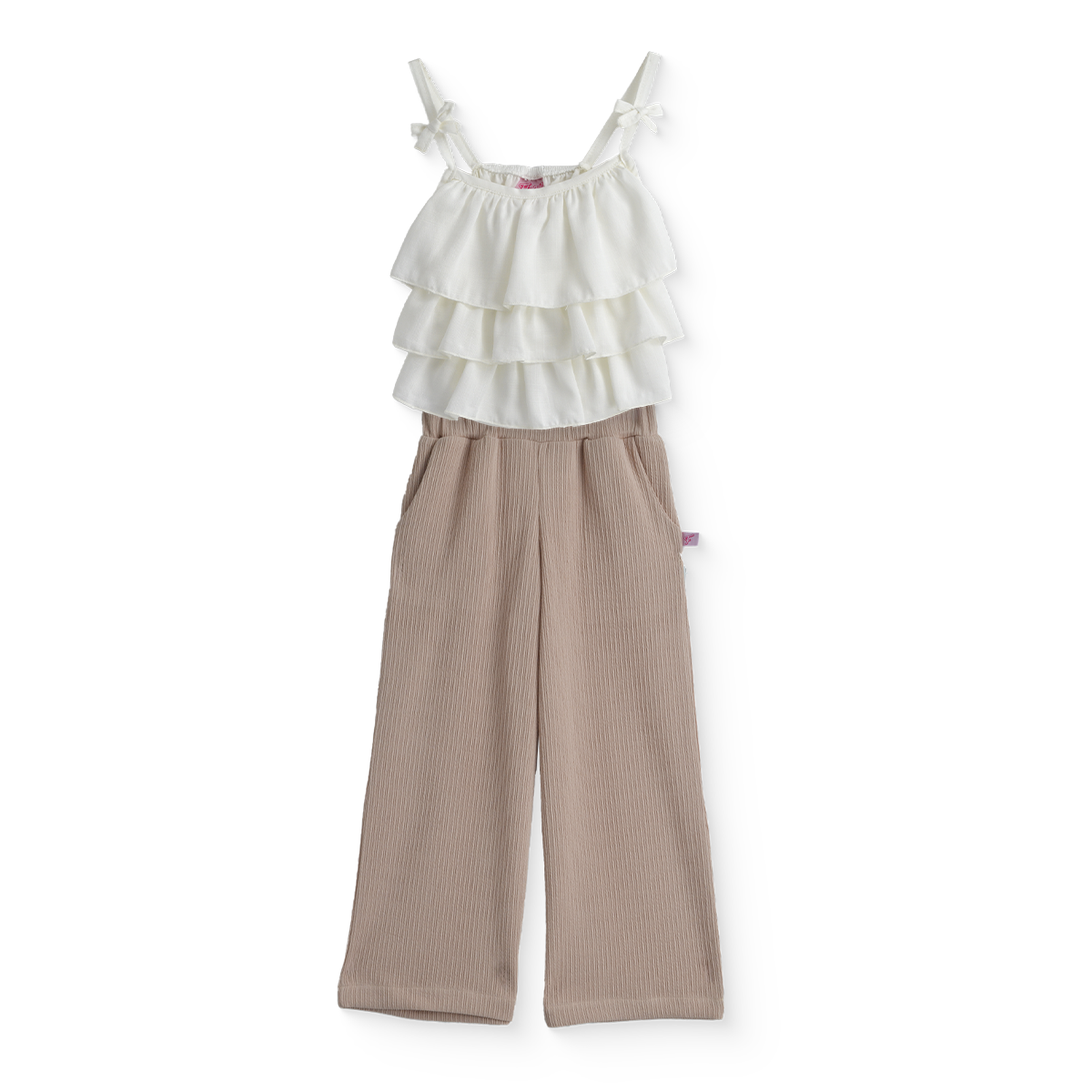 Conjunto con pantalón a rayas, blusa hueso con olanes | CONI0043 | tallas ch-m-gr