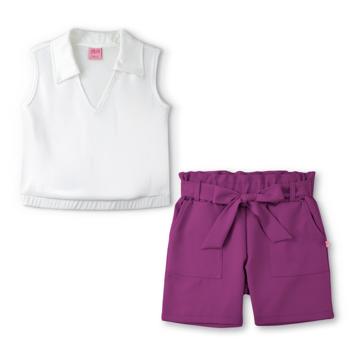 Conjunto de blusa con botones y short con bolsas y moño niña Flory COJU0004