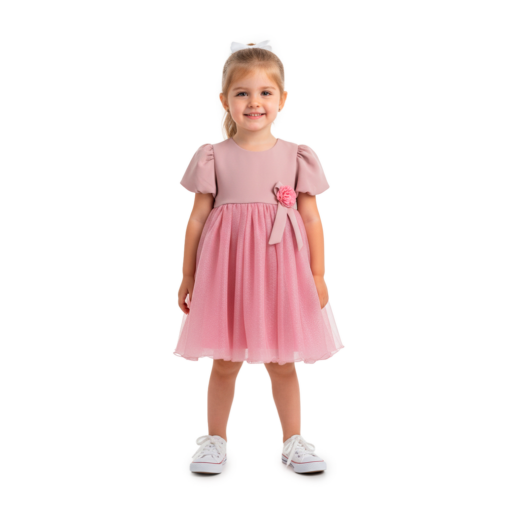 Vestido manga abullonada con flor de satín • BARBIE 9 • tallas 1-2-3 •  VEBB0119