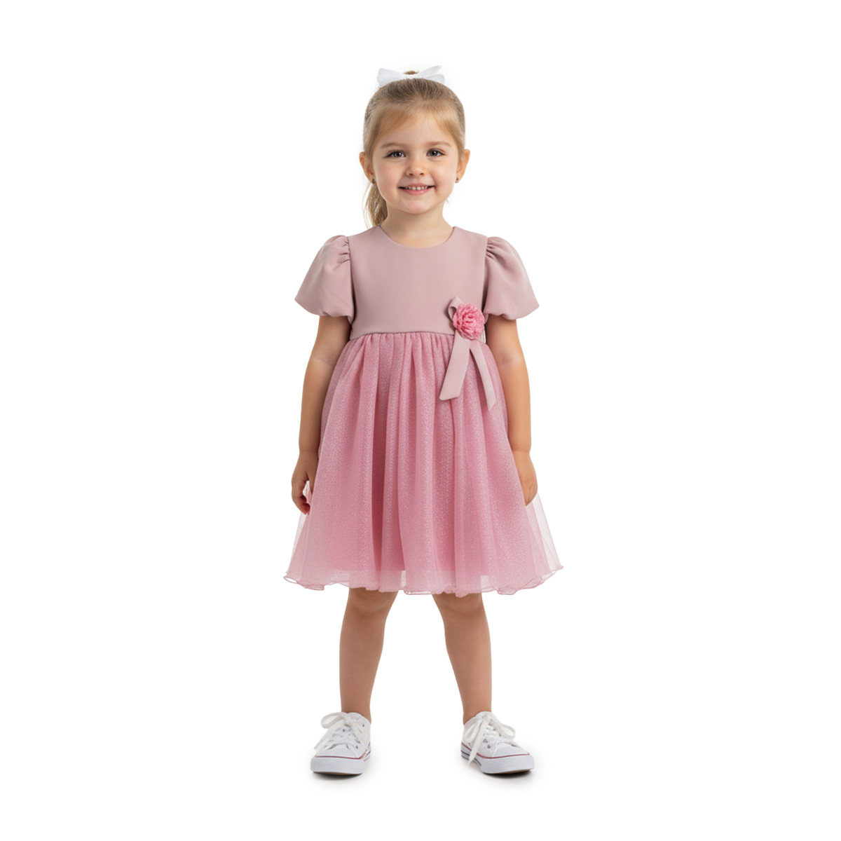 Vestido manga abullonada con flor de satín Flory niña bebé VEBB0119
