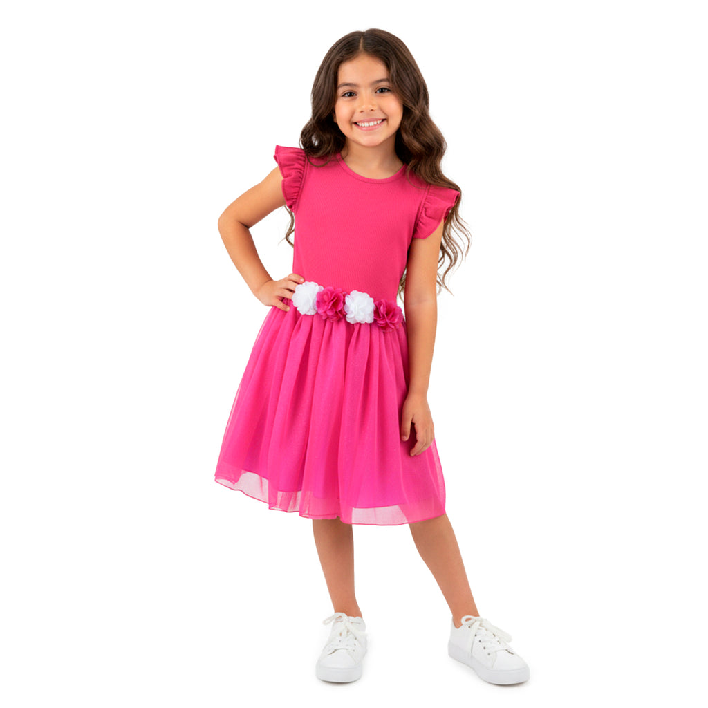 Vestido rib con tul y flores • NATALI 16 • tallas ch-m-gr •  VENI0159