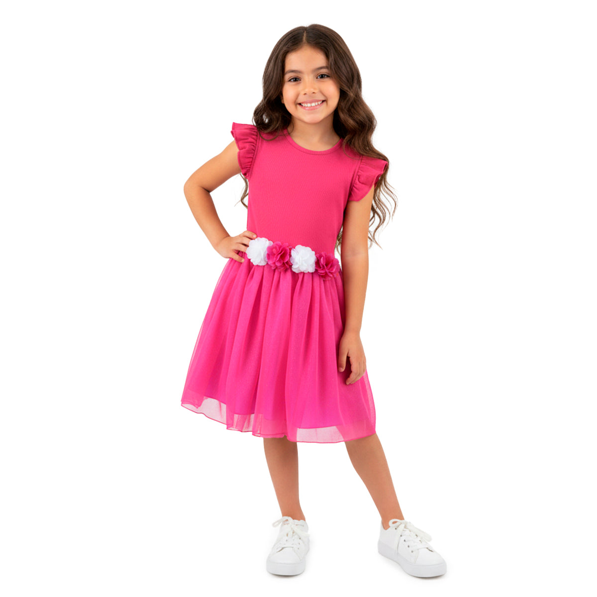 Vestido rib con tul y flores • NATALI 16 • tallas ch-m-gr •  VENI0159