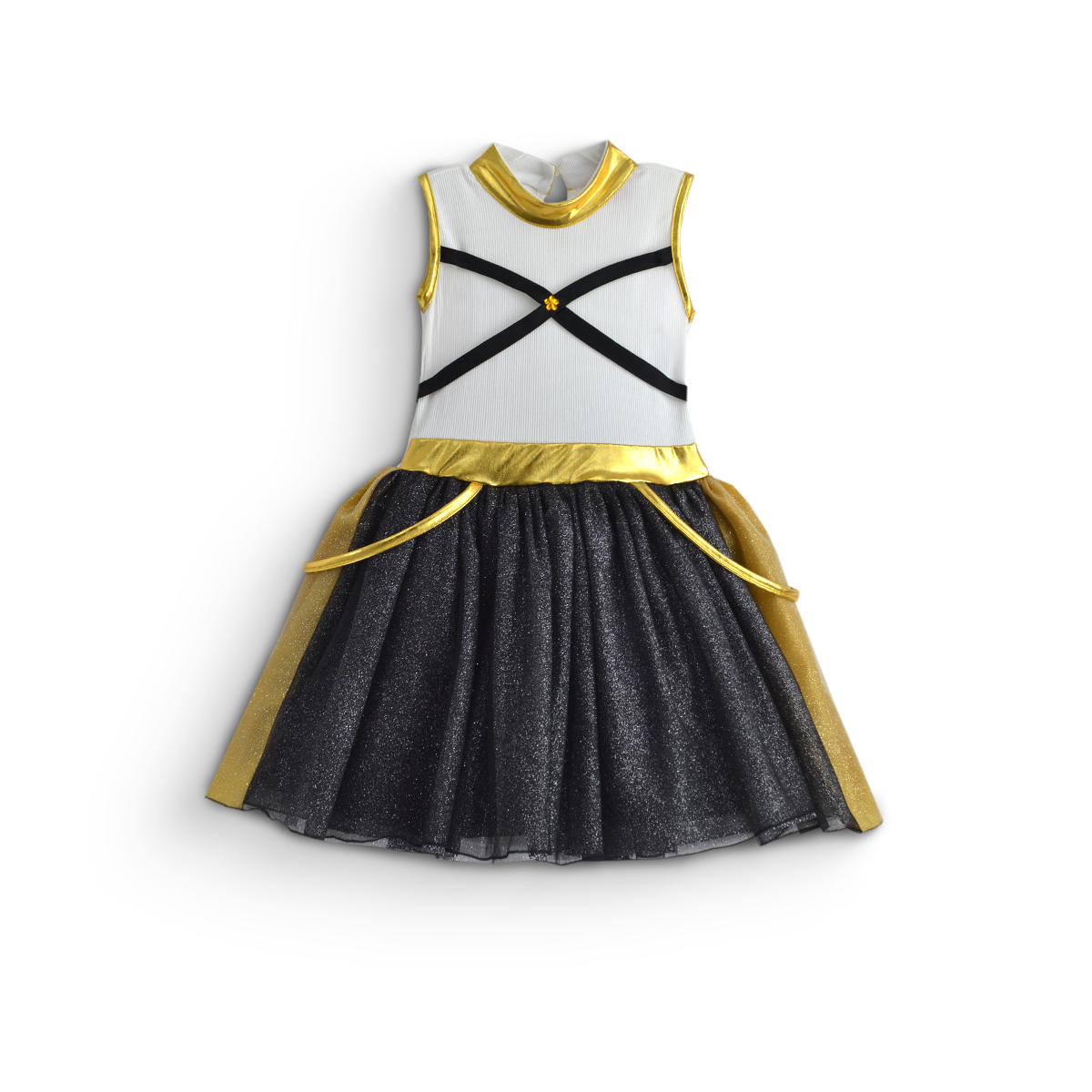 Vista delantera de vestido infantil con corpiño blanco, tirantes negros cruzados, detalles dorados y falda negra brillante.