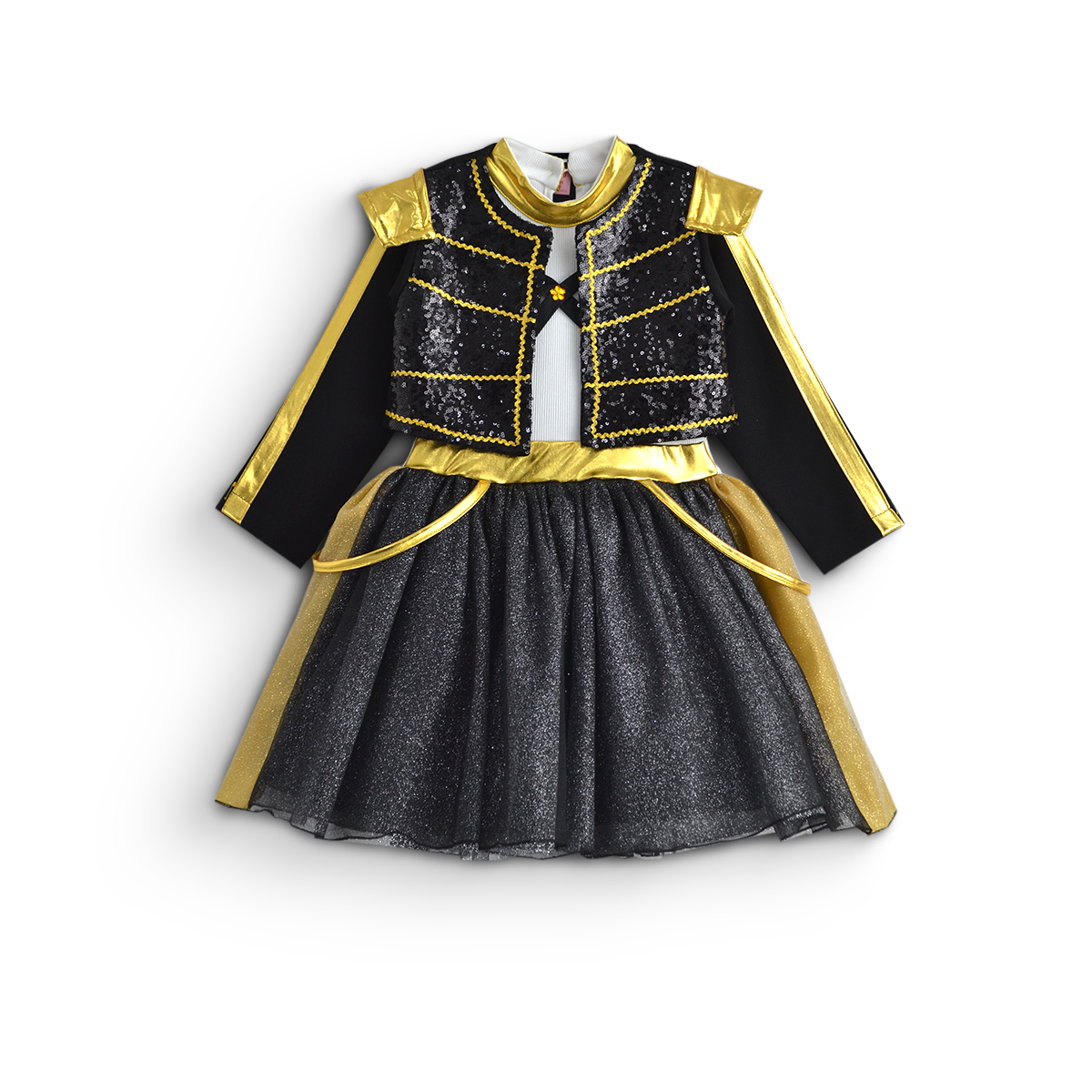Conjunto infantil con chaqueta negra de lentejuelas y detalles dorados, corpiño blanco y falda negra brillante con ribete dorado.