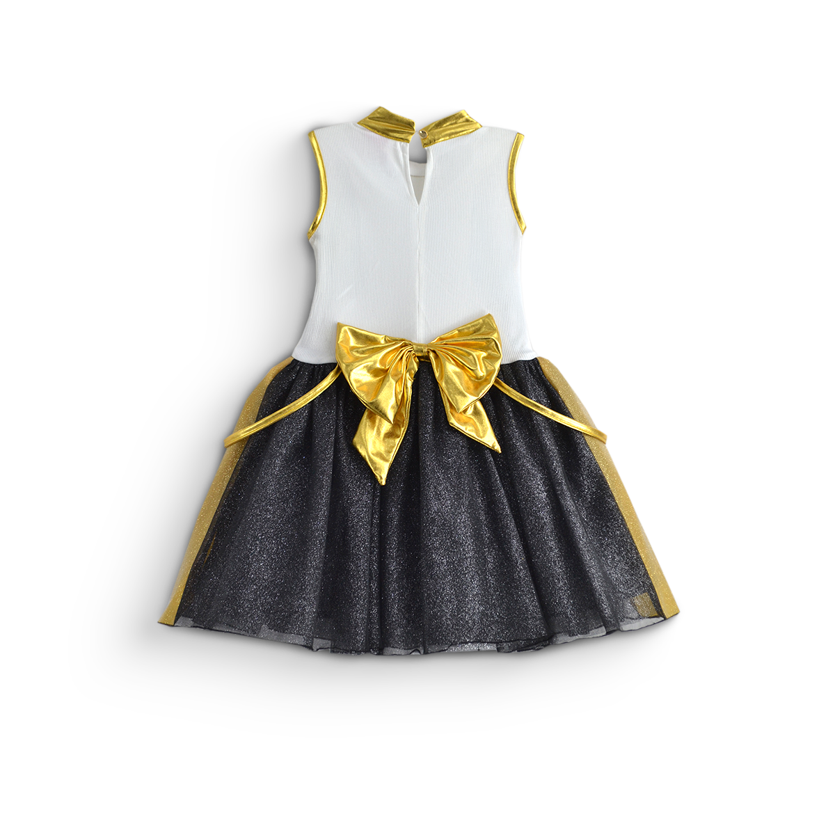 Vestido infantil con corpiño blanco sin mangas, ribetes dorados, falda negra brillante y gran moño dorado en la cintura.