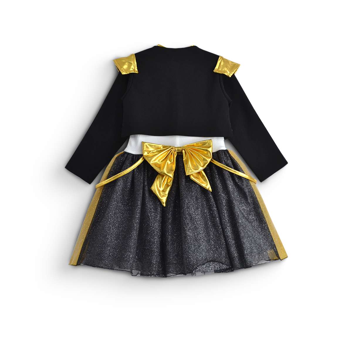 Vista trasera de conjunto infantil con chaqueta negra de manga larga, detalles dorados y falda negra brillante con moño dorado.
