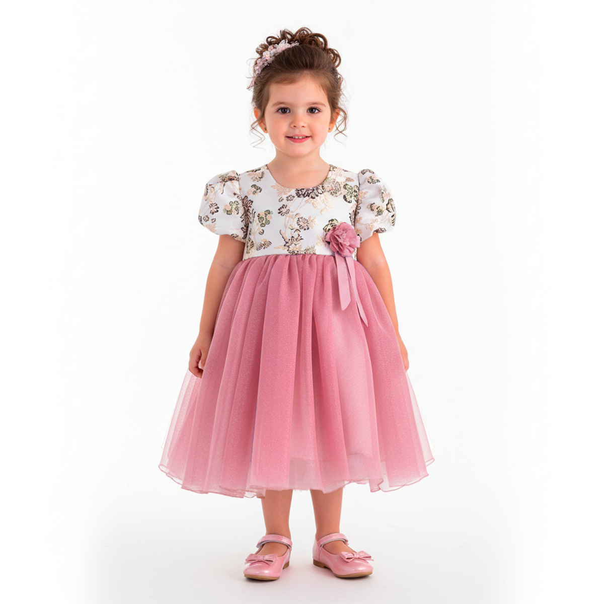 Vestido manga abullonada con Flor | VEBB0139 | tallas 1-2-3